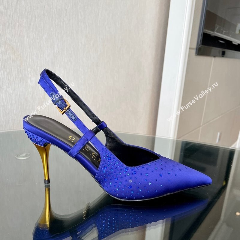 Gucci Satin Slingback Pumps 8.5cm with Gold-Tone Heel and Strass Blue 2024 762378 (MD-241119060)