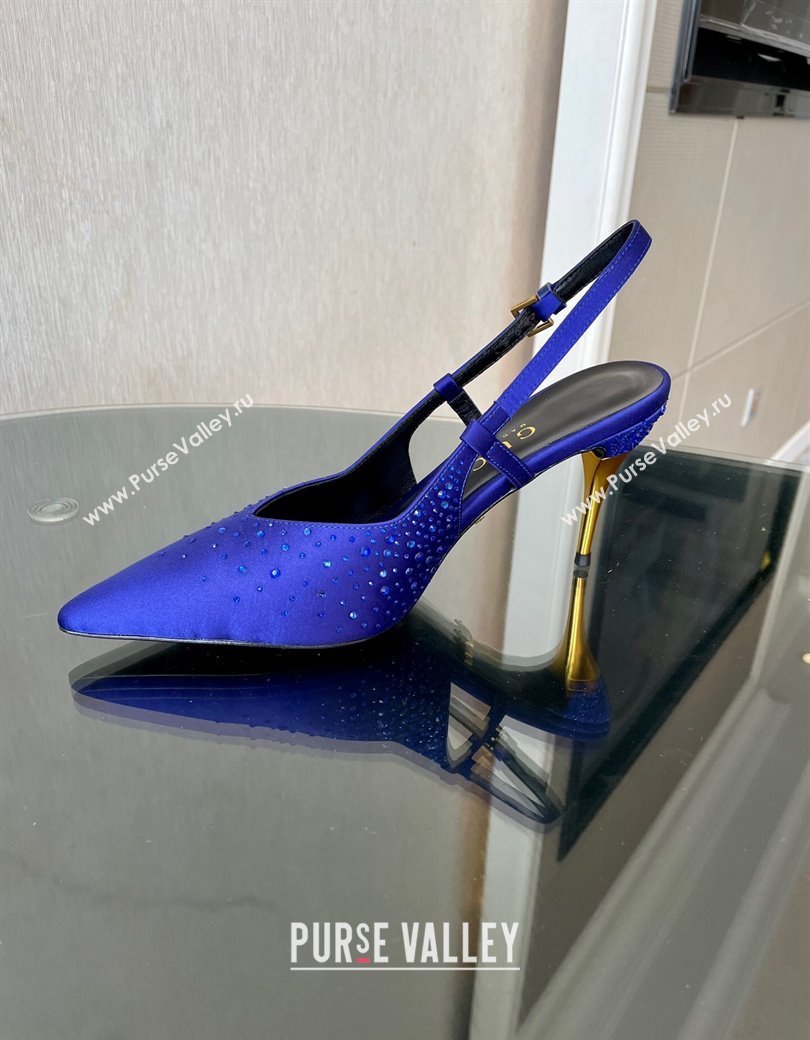 Gucci Satin Slingback Pumps 8.5cm with Gold-Tone Heel and Strass Blue 2024 762378 (MD-241119060)