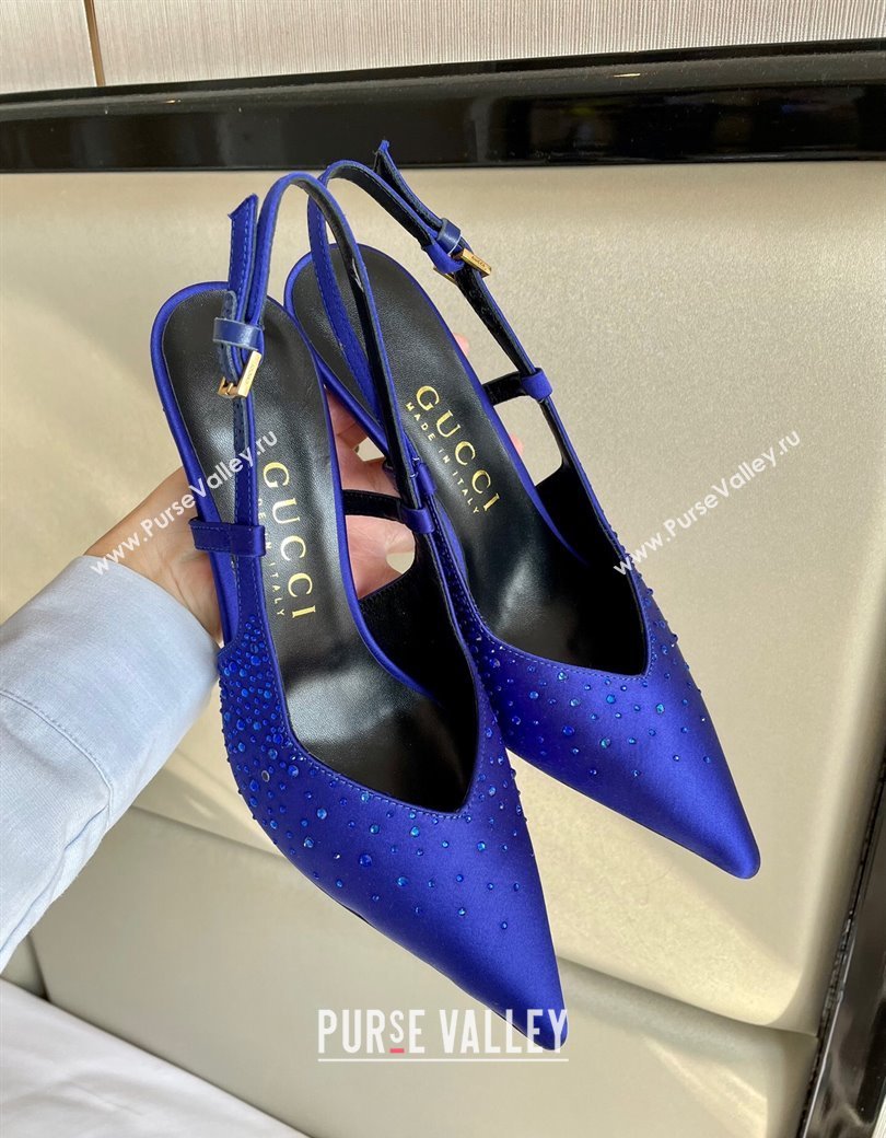 Gucci Satin Slingback Pumps 8.5cm with Gold-Tone Heel and Strass Blue 2024 762378 (MD-241119060)