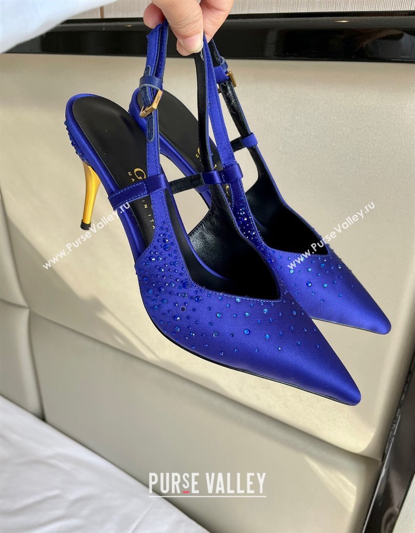 Gucci Satin Slingback Pumps 8.5cm with Gold-Tone Heel and Strass Blue 2024 762378 (MD-241119060)