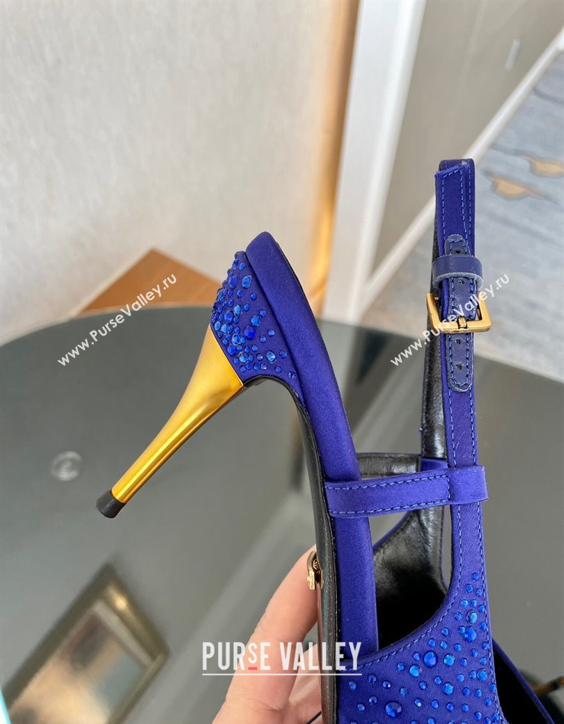 Gucci Satin Slingback Pumps 8.5cm with Gold-Tone Heel and Strass Blue 2024 762378 (MD-241119060)