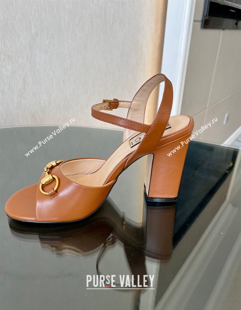 Gucci Leather Horsebit High Heel Platform Sandals 8.5cm Brown 2024 GG111904 (MD-241119047)