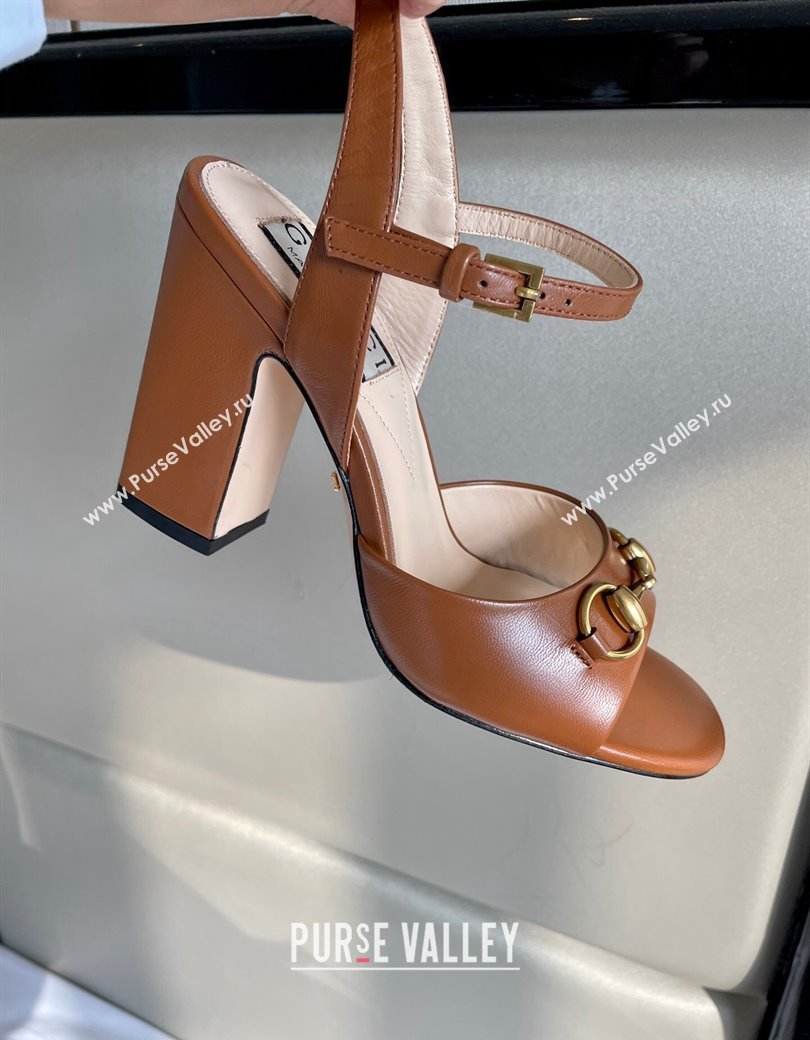 Gucci Leather Horsebit High Heel Platform Sandals 8.5cm Brown 2024 GG111904 (MD-241119047)