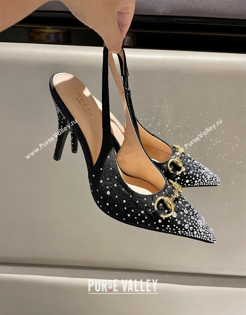 Gucci GG Canvas Slingback Pumps 4.5/10.5cm with Strass Black 2024 GG111902 (MD-241119011)