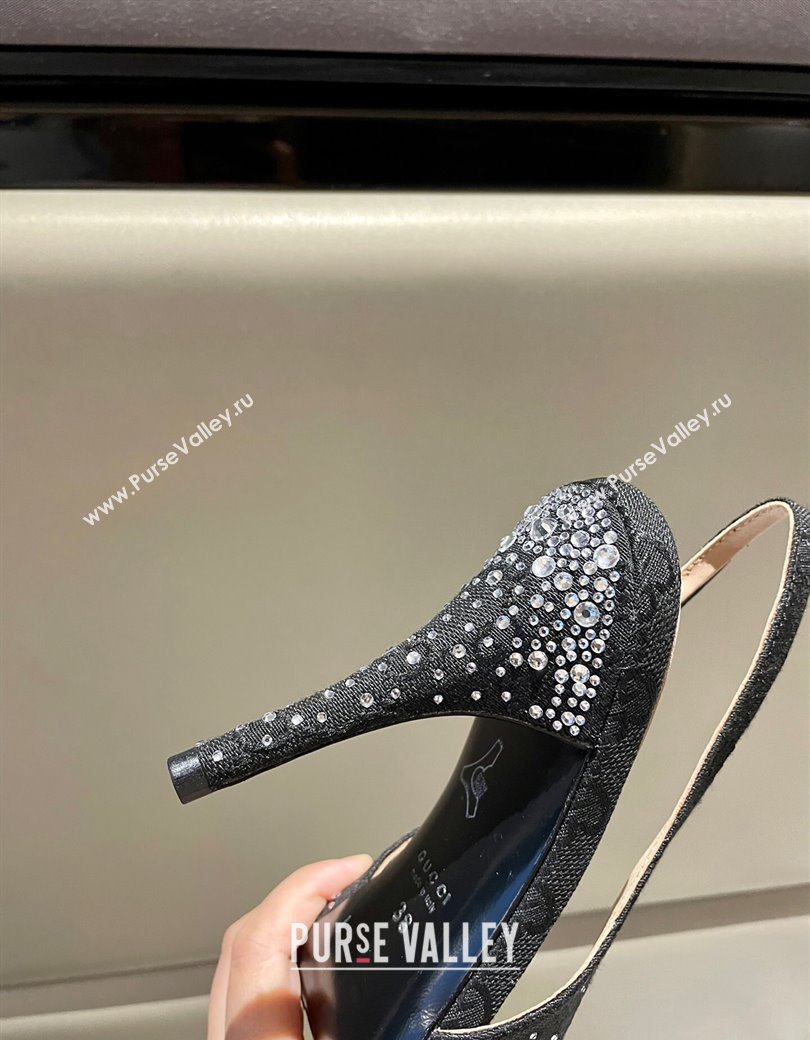 Gucci GG Canvas Slingback Pumps 4.5/10.5cm with Strass Black 2024 GG111902 (MD-241119011)