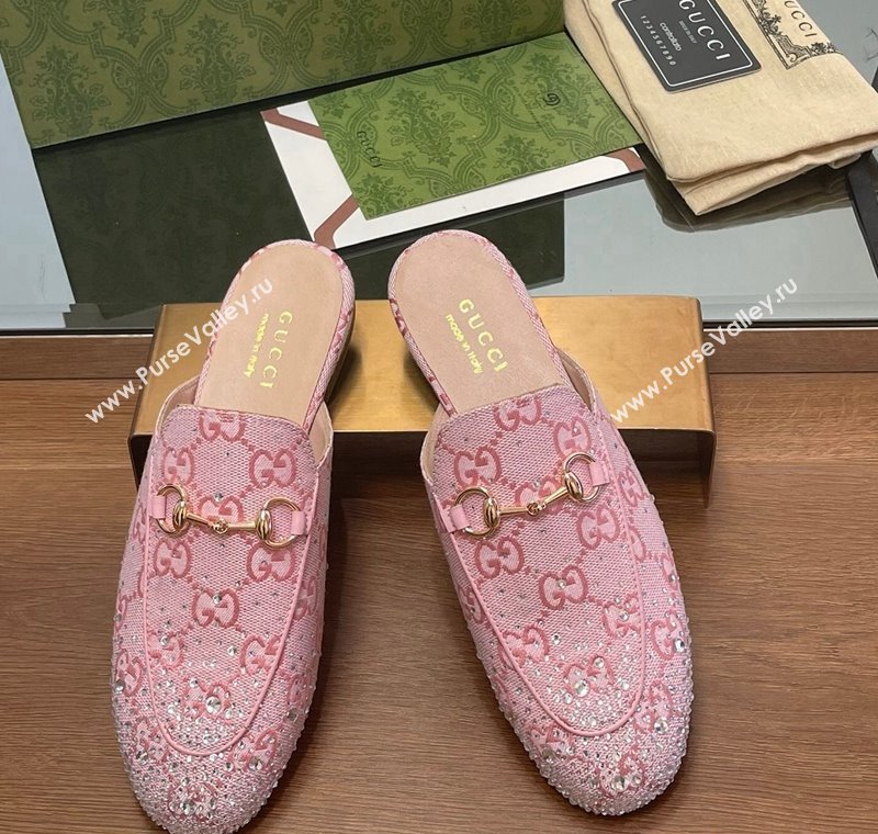 Gucci Princetown GG Canvas Flat Slippers with Strass Light Pink 2024 GG111901 (MD-241119003)