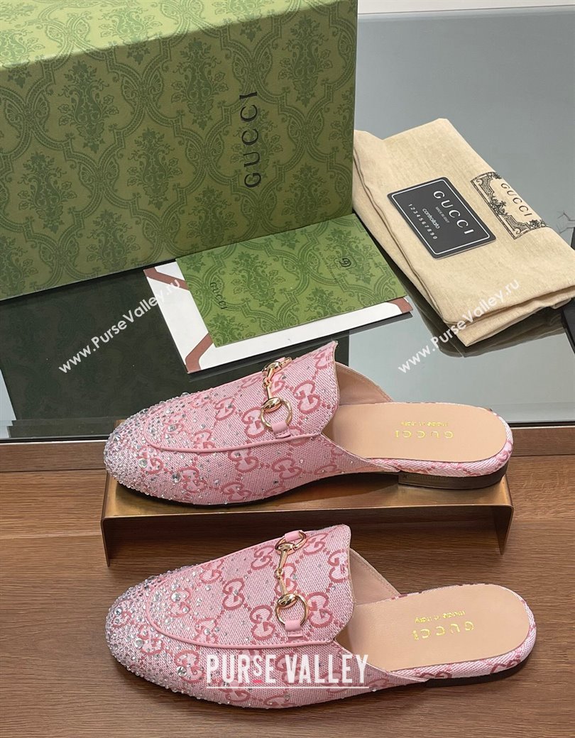 Gucci Princetown GG Canvas Flat Slippers with Strass Light Pink 2024 GG111901 (MD-241119003)