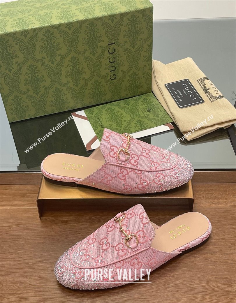 Gucci Princetown GG Canvas Flat Slippers with Strass Light Pink 2024 GG111901 (MD-241119003)