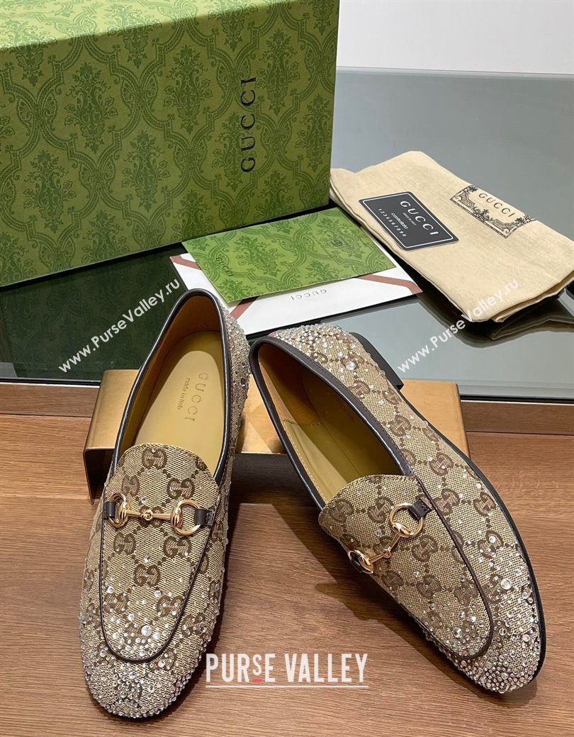 Gucci Jordaan GG Canvas Flat Loafers with Strass Beige 2024 813000 (MD-241119005)