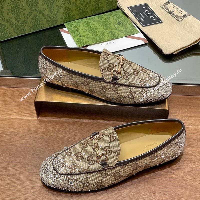 Gucci Jordaan GG Canvas Flat Loafers with Strass Beige 2024 813000 (MD-241119005)