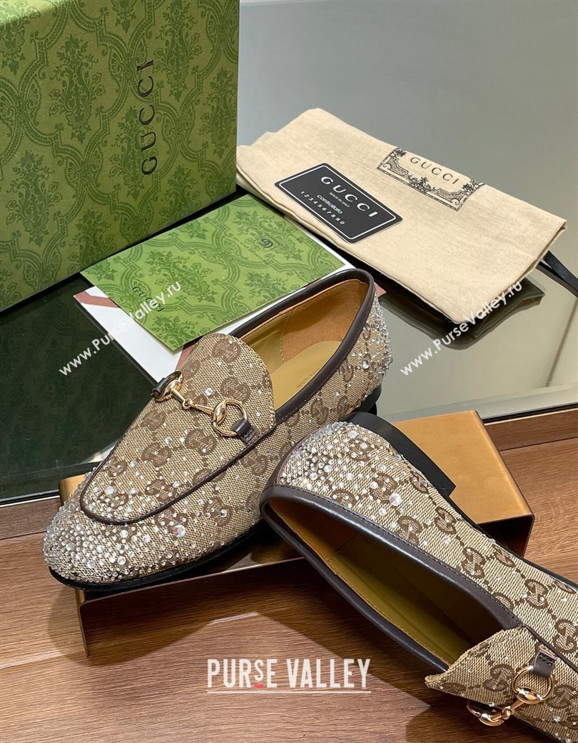 Gucci Jordaan GG Canvas Flat Loafers with Strass Beige 2024 813000 (MD-241119005)