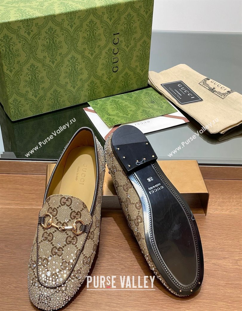 Gucci Jordaan GG Canvas Flat Loafers with Strass Beige 2024 813000 (MD-241119005)