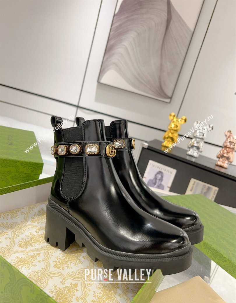 Gucci Black Shiny Leather Ankle Boots with Strass Strap 2024 GG111805 (KL-241118071)