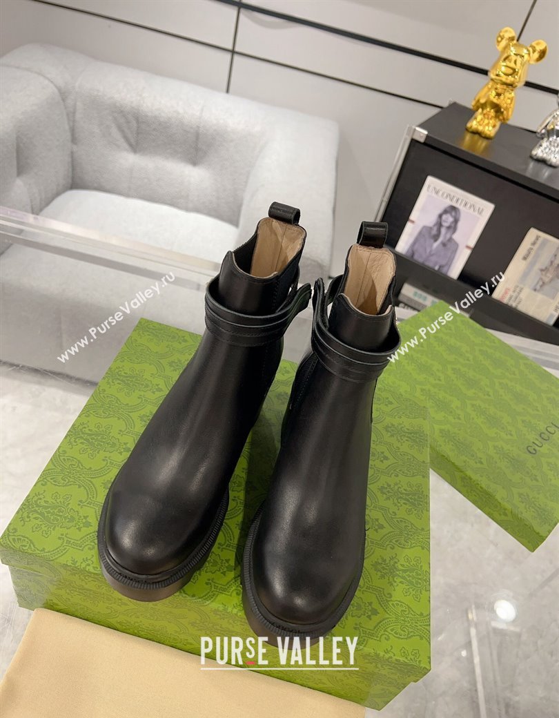 Gucci Black Calf Leather Ankle Boots with GUCCI Strap 2024 GG111805 (KL-241118072)