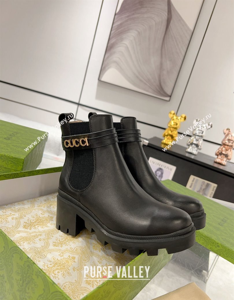 Gucci Black Calf Leather Ankle Boots with GUCCI Strap 2024 GG111805 (KL-241118072)