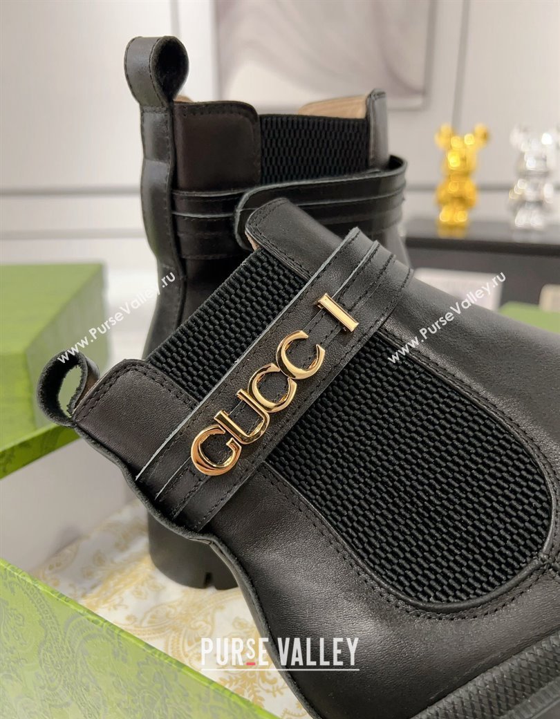 Gucci Black Calf Leather Ankle Boots with GUCCI Strap 2024 GG111805 (KL-241118072)