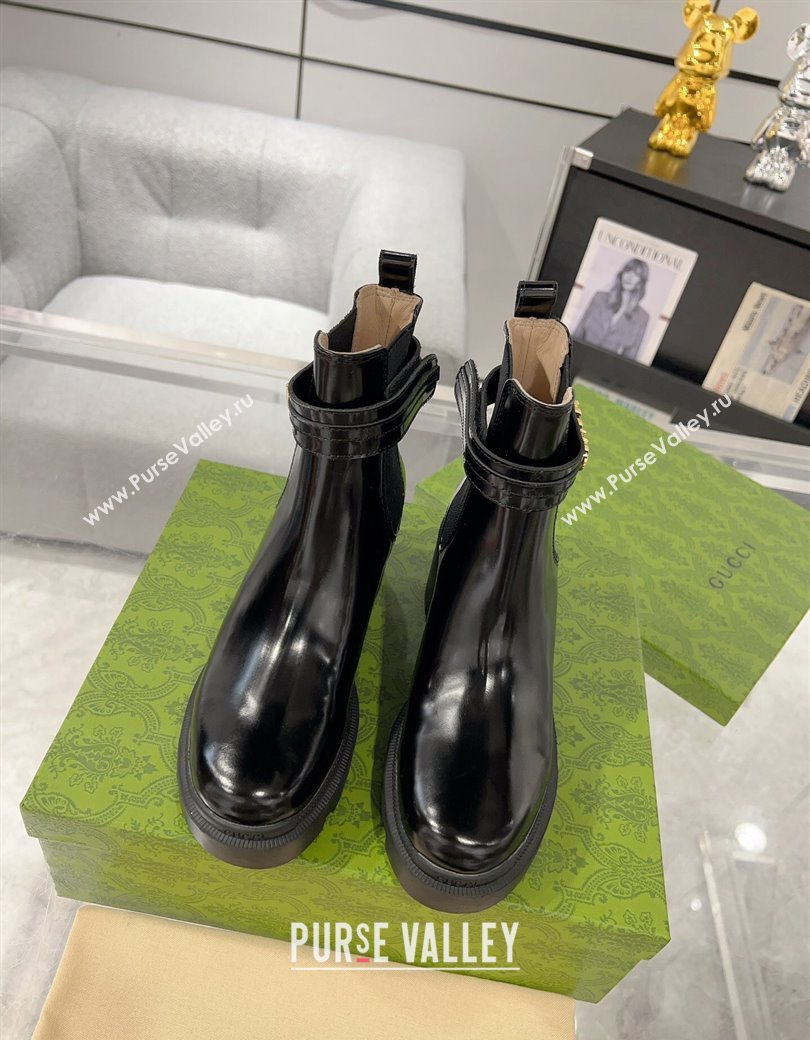 Gucci Black Shiny Leather Ankle Boots with GUCCI Strap 2024 GG111805 (KL-241118073)