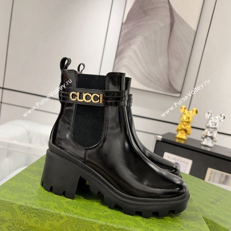 Gucci Black Shiny Leather Ankle Boots with GUCCI Strap 2024 GG111805 (KL-241118073)