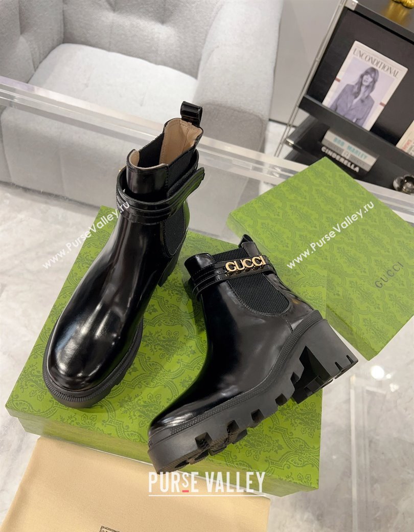 Gucci Black Shiny Leather Ankle Boots with GUCCI Strap 2024 GG111805 (KL-241118073)