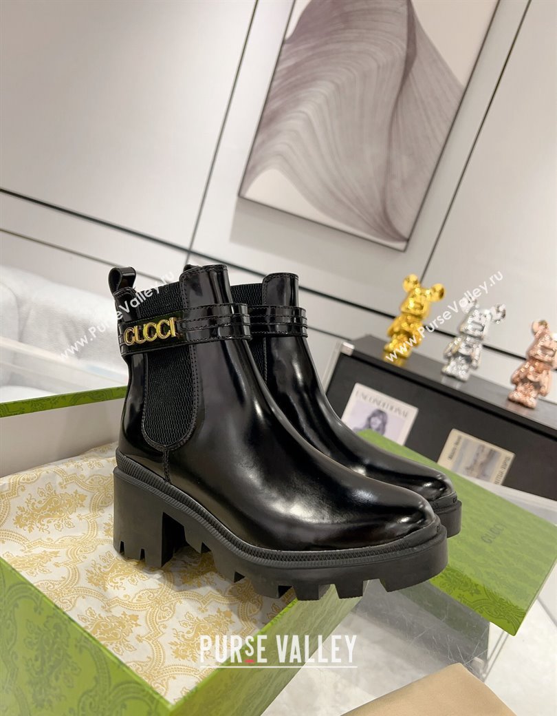 Gucci Black Shiny Leather Ankle Boots with GUCCI Strap 2024 GG111805 (KL-241118073)