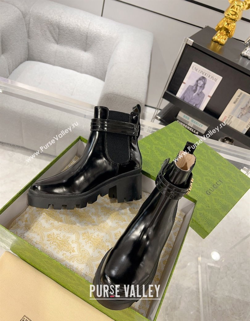 Gucci Black Shiny Leather Ankle Boots with GUCCI Strap 2024 GG111805 (KL-241118073)