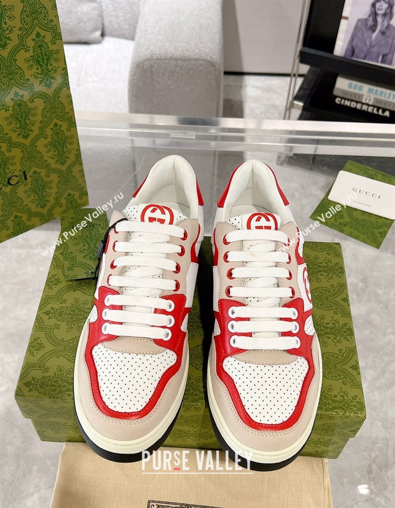 Gucci Leather Sneakers with Interlocking G White/Beige/Red 2024 GG111807 (KL-241118090)