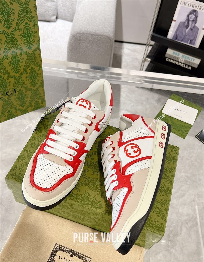 Gucci Leather Sneakers with Interlocking G White/Beige/Red 2024 GG111807 (KL-241118090)