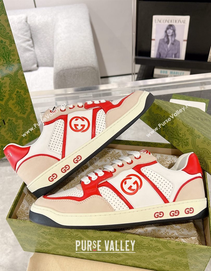 Gucci Leather Sneakers with Interlocking G White/Beige/Red 2024 GG111807 (KL-241118090)