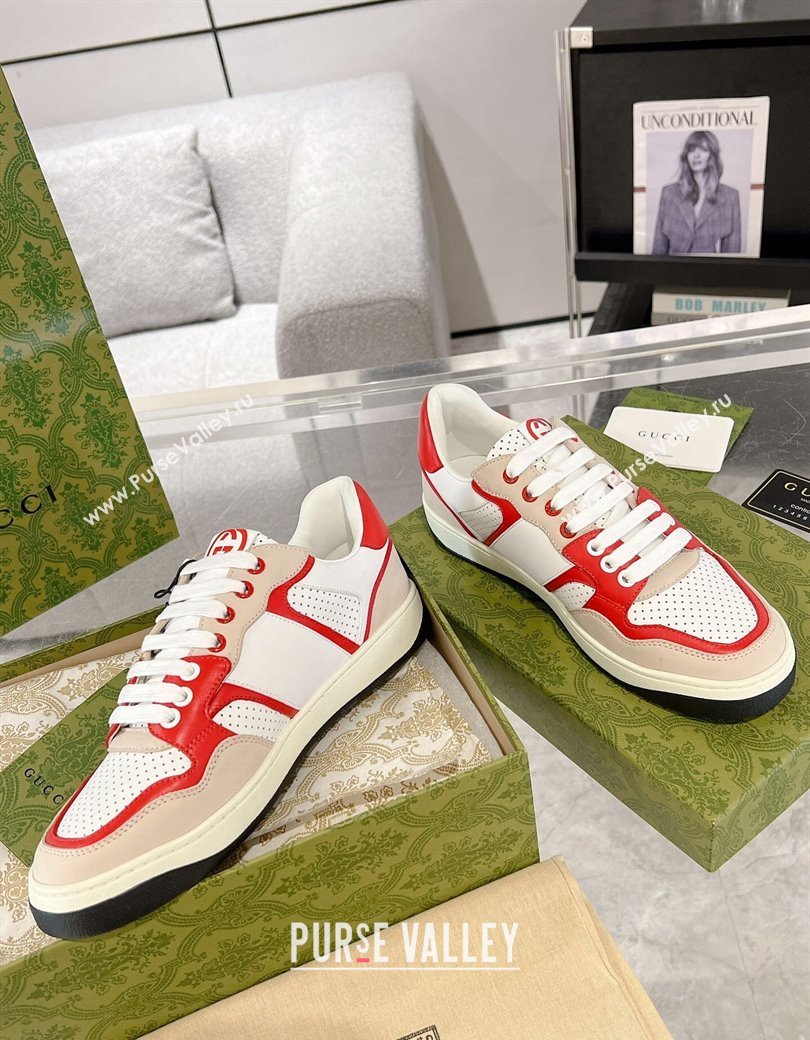 Gucci Leather Sneakers with Interlocking G White/Beige/Red 2024 GG111807 (KL-241118090)