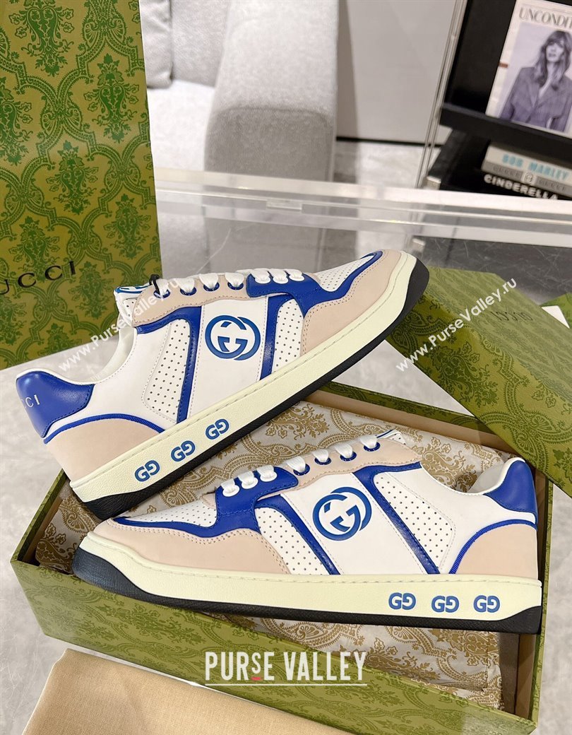 Gucci Leather Sneakers with Interlocking G White/Beige/Blue 2024 GG111807 (KL-241118094)