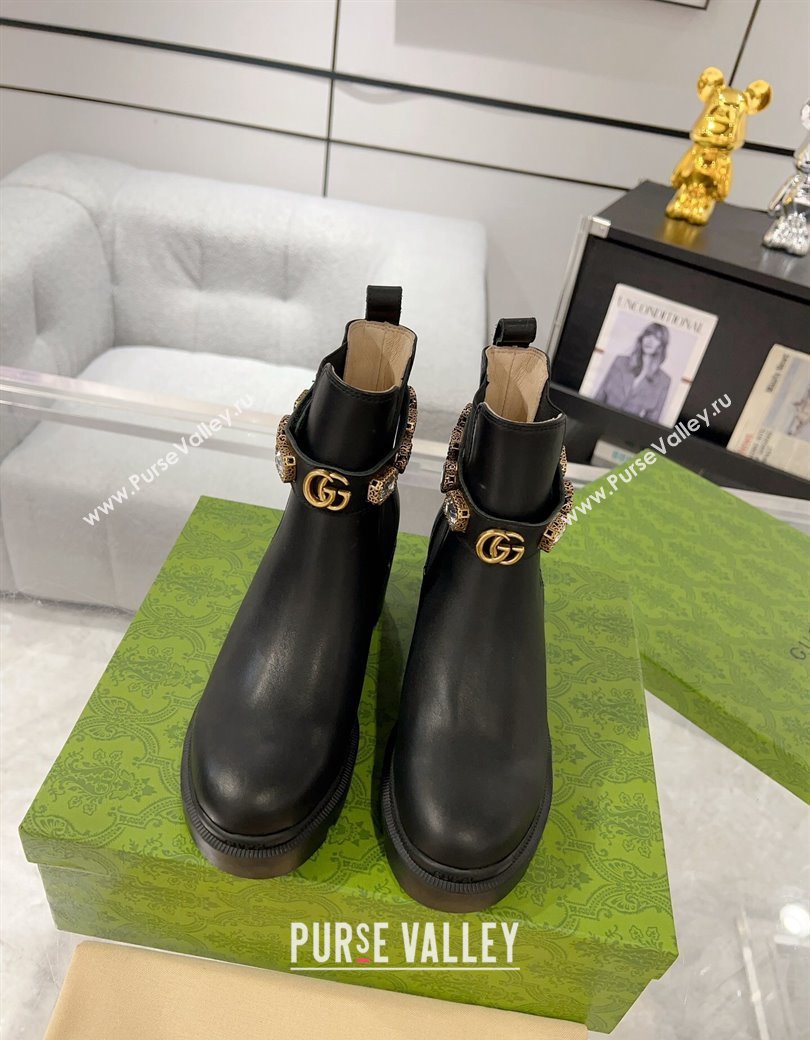 Gucci Black Calf Leather Ankle Boots with Strass Strap 2024 GG111805 (KL-241118070)