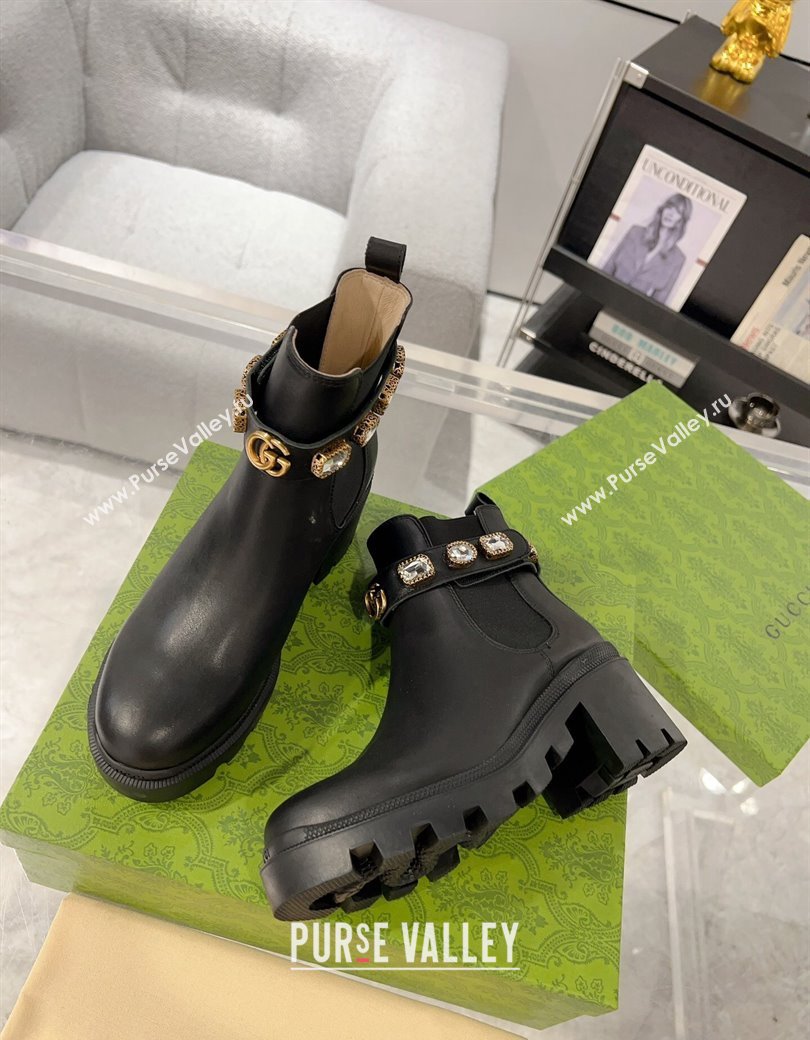 Gucci Black Calf Leather Ankle Boots with Strass Strap 2024 GG111805 (KL-241118070)