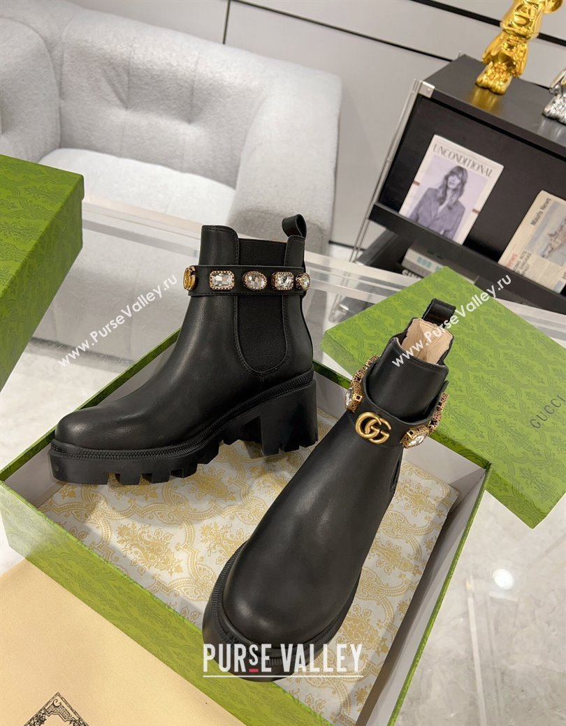 Gucci Black Calf Leather Ankle Boots with Strass Strap 2024 GG111805 (KL-241118070)