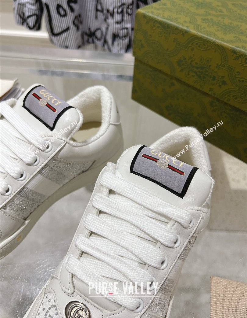 Gucci Screener Trainer Sneakers in GG Canvas and Leather with Web and Strass White 2024 (SS-241119118)