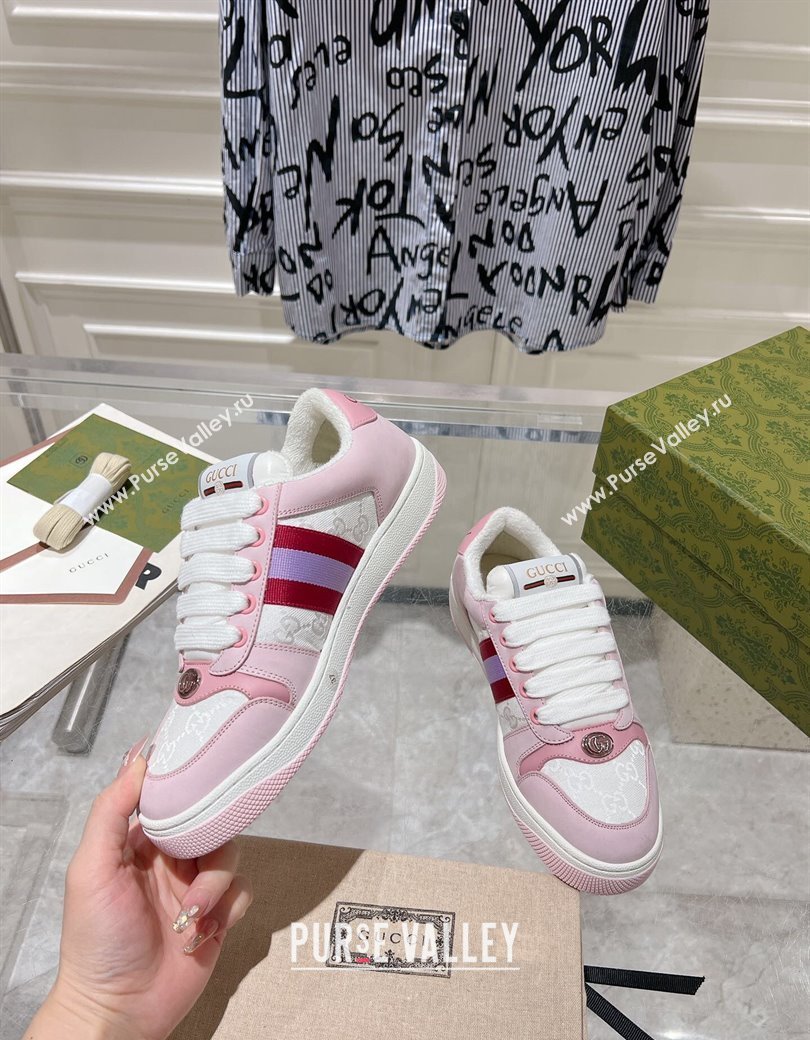 Gucci Screener Trainer Sneakers in GG Canvas and Leather with Web White/Light Pink 2024 (SS-241119122)