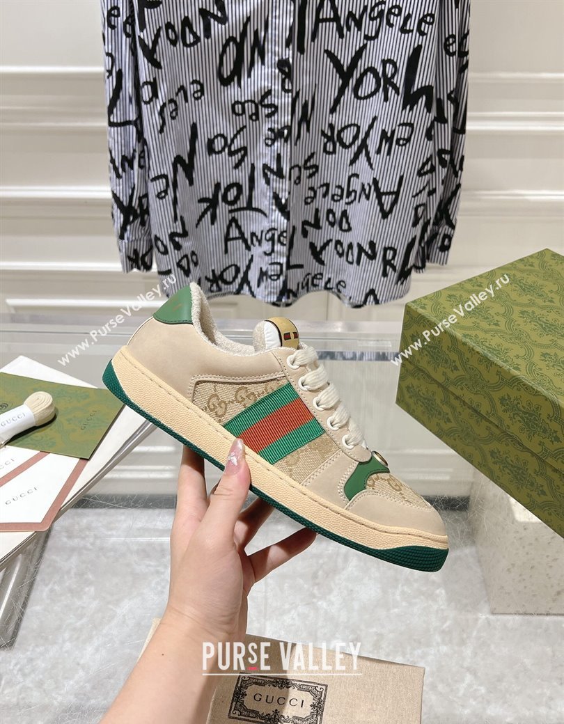 Gucci Vintage Screener Trainer Sneakers in GG Canvas and Leather with Web Green 2024 (SS-241119124)