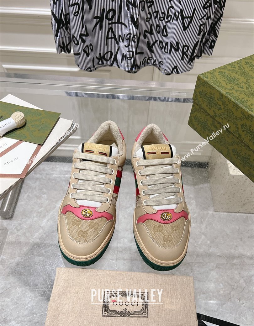 Gucci Vintage Screener Trainer Sneakers in GG Canvas and Leather with Web Pink 2024 (SS-241119125)