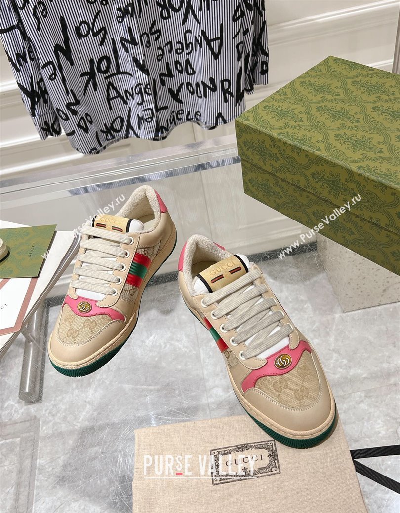 Gucci Vintage Screener Trainer Sneakers in GG Canvas and Leather with Web Pink 2024 (SS-241119125)