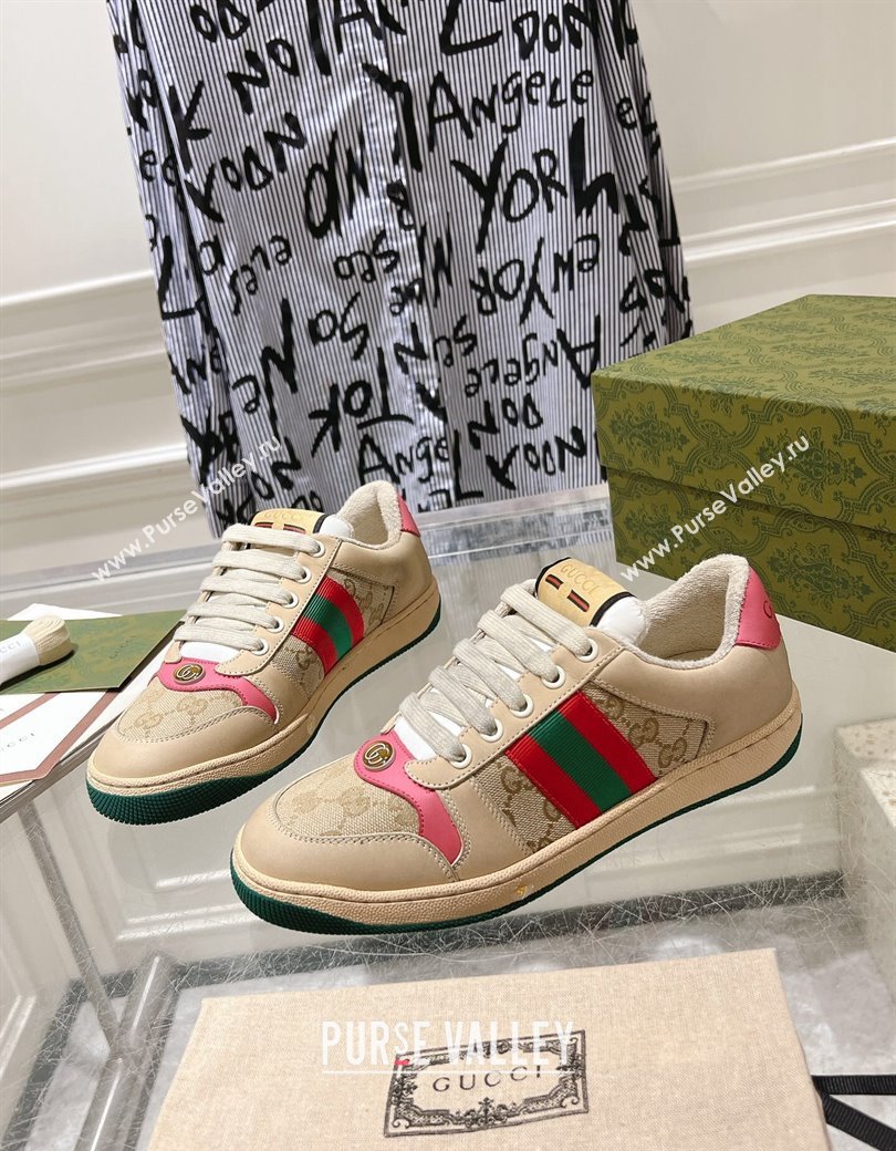 Gucci Vintage Screener Trainer Sneakers in GG Canvas and Leather with Web Pink 2024 (SS-241119125)