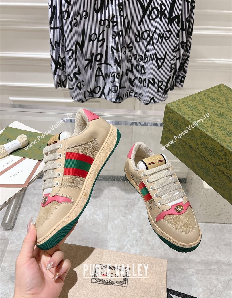 Gucci Vintage Screener Trainer Sneakers in GG Canvas and Leather with Web Pink 2024 (SS-241119125)