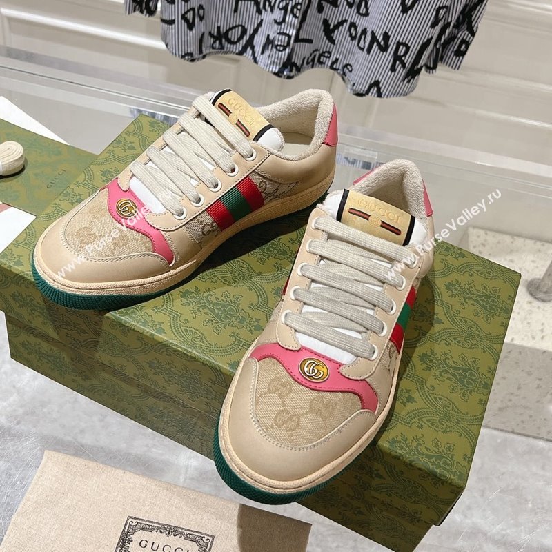 Gucci Vintage Screener Trainer Sneakers in GG Canvas and Leather with Web Pink 2024 (SS-241119125)