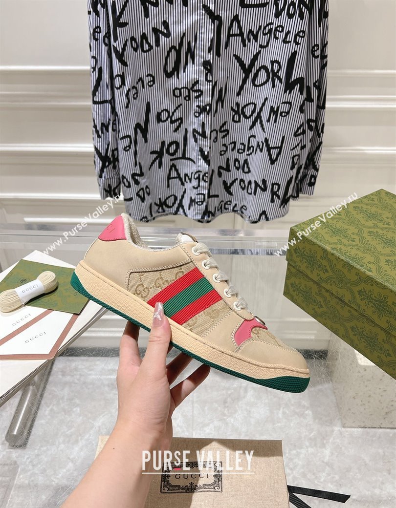 Gucci Vintage Screener Trainer Sneakers in GG Canvas and Leather with Web Pink 2024 (SS-241119125)