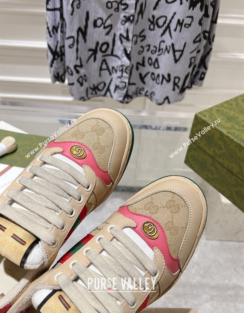 Gucci Vintage Screener Trainer Sneakers in GG Canvas and Leather with Web Pink 2024 (SS-241119125)