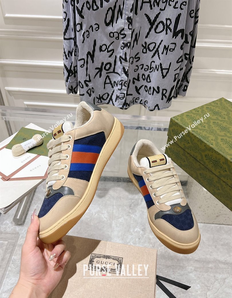 Gucci Vintage Screener Trainer Sneakers in GG Canvas and Leather with Web Blue 2024 (SS-241119126)