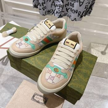 Gucci Womens Screener Trainer Sneakers in Beige Fabric with Web and Strass Light Green 2024 (SS-241119127)