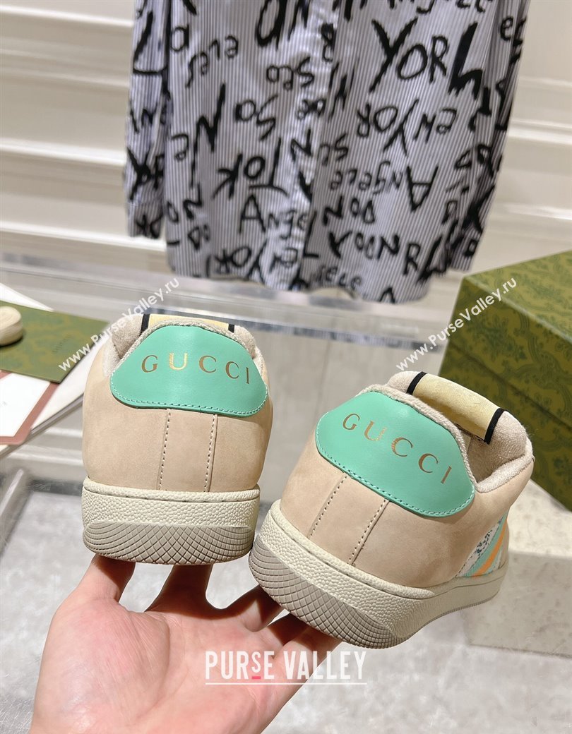 Gucci Womens Screener Trainer Sneakers in Beige Fabric with Web and Strass Light Green 2024 (SS-241119127)