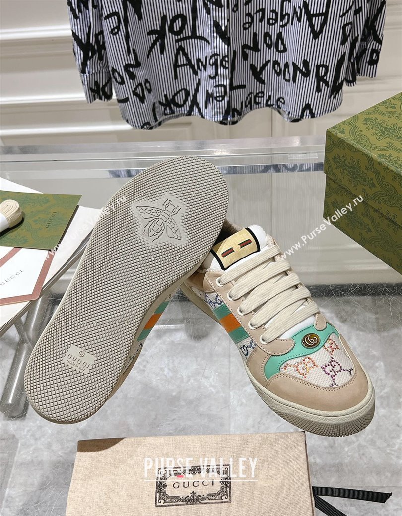 Gucci Womens Screener Trainer Sneakers in Beige Fabric with Web and Strass Light Green 2024 (SS-241119127)