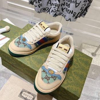 Gucci Womens Screener Trainer Sneakers in Beige Fabric with Web and Strass Blue/Green 2024 (SS-241119128)