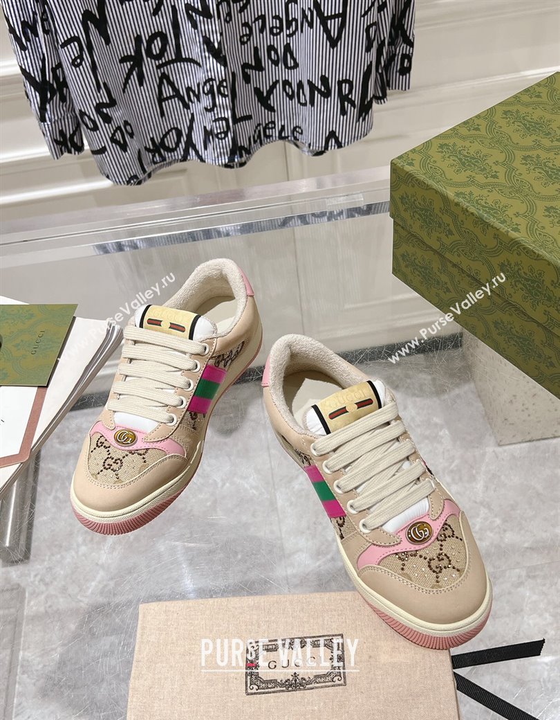 Gucci Womens Screener Trainer Sneakers in Beige Fabric with Web and Strass Pink 2024 (SS-241119129)