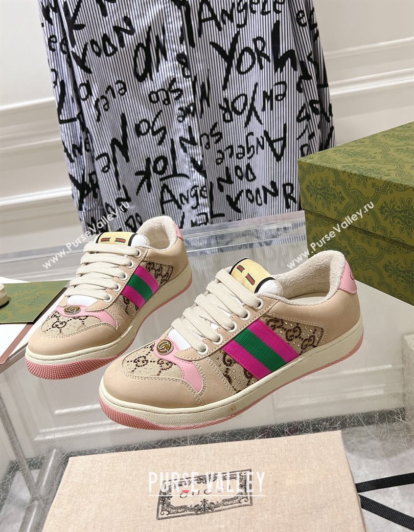 Gucci Womens Screener Trainer Sneakers in Beige Fabric with Web and Strass Pink 2024 (SS-241119129)